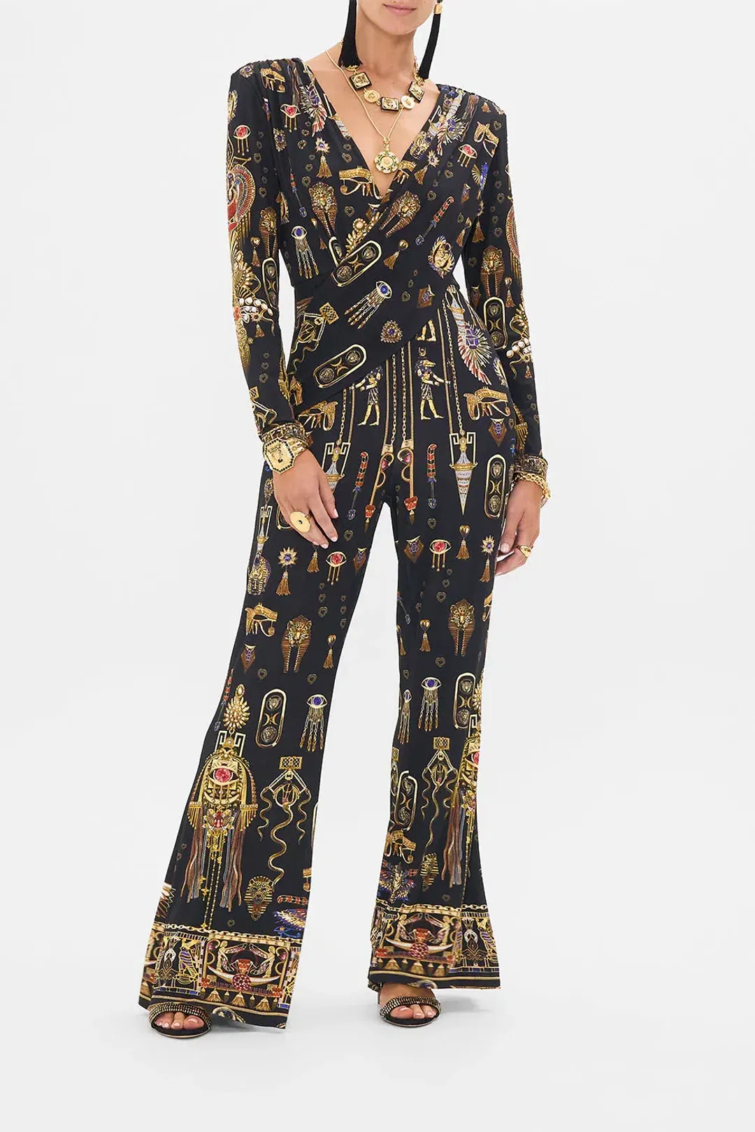 Camilla Draped V Neck Jersey Flared Jumpsuit Multi Print Size 12 for rent on The Volte - main image