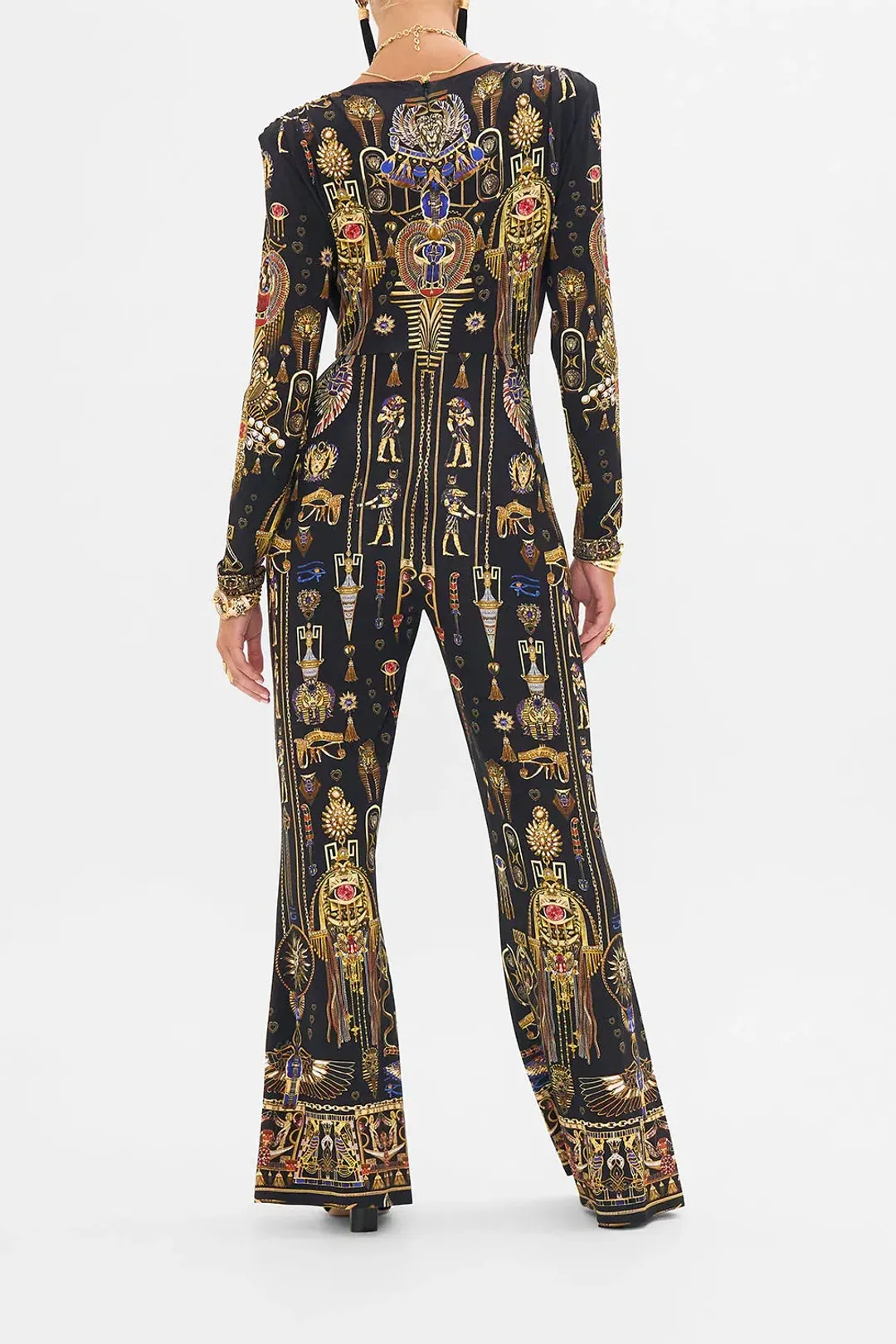 Camilla Draped V Neck Jersey Flared Jumpsuit Multi Print Size 12 for rent on The Volte - main image