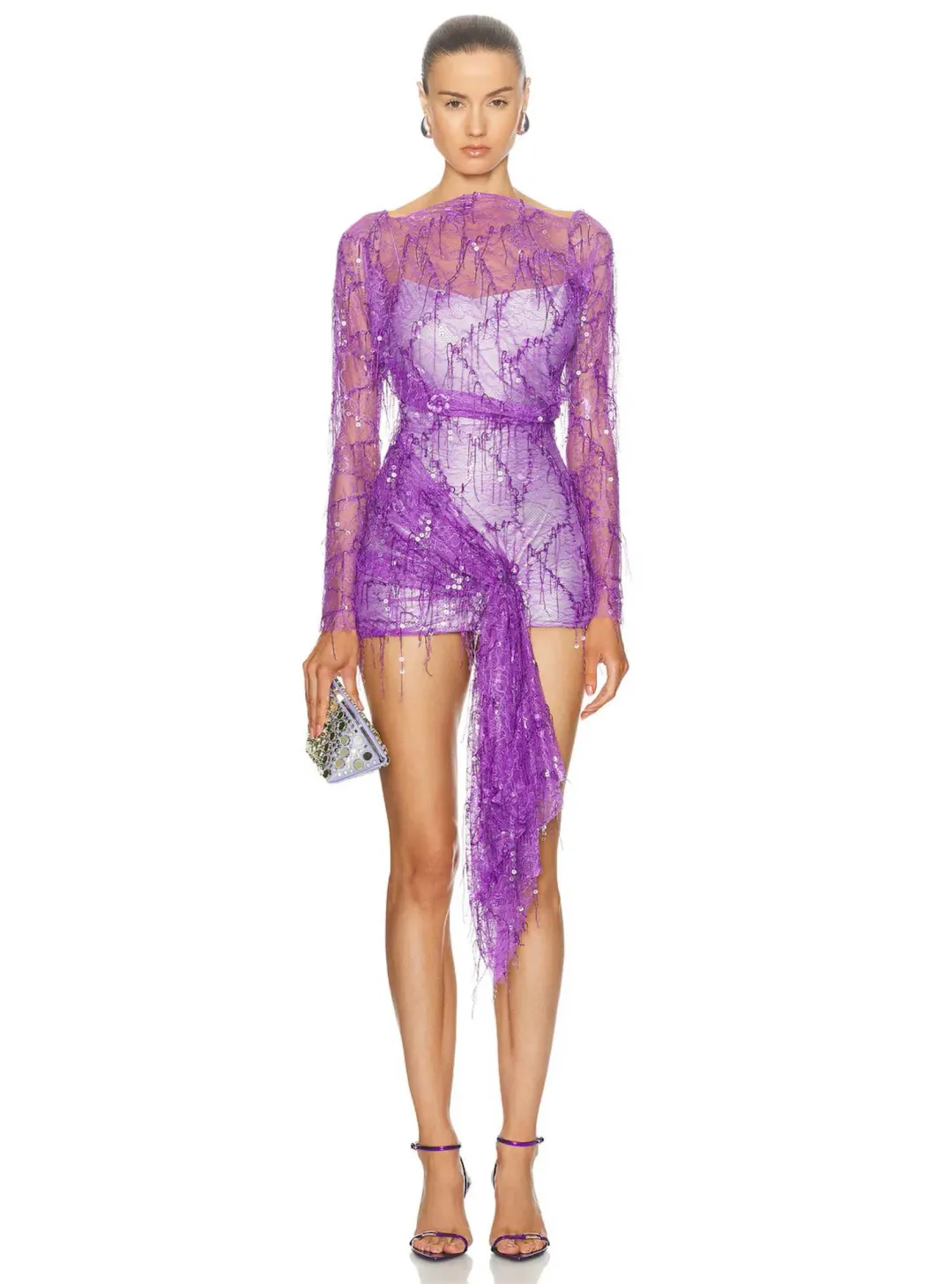 Christopher Esber Encased Beaded Ivy Lace Long Sleeve Mini Dress Grape Size 12 for rent on The Volte - main image