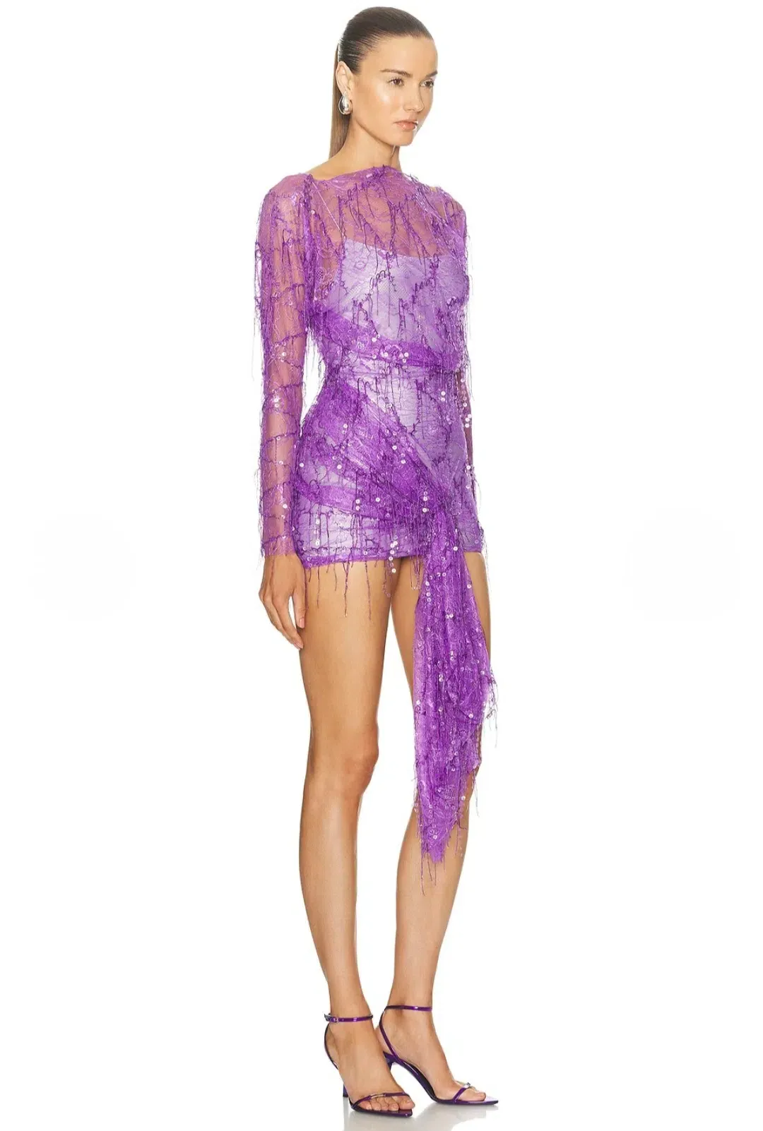 Christopher Esber Encased Beaded Ivy Lace Long Sleeve Mini Dress Grape Size 12 for rent on The Volte - main image