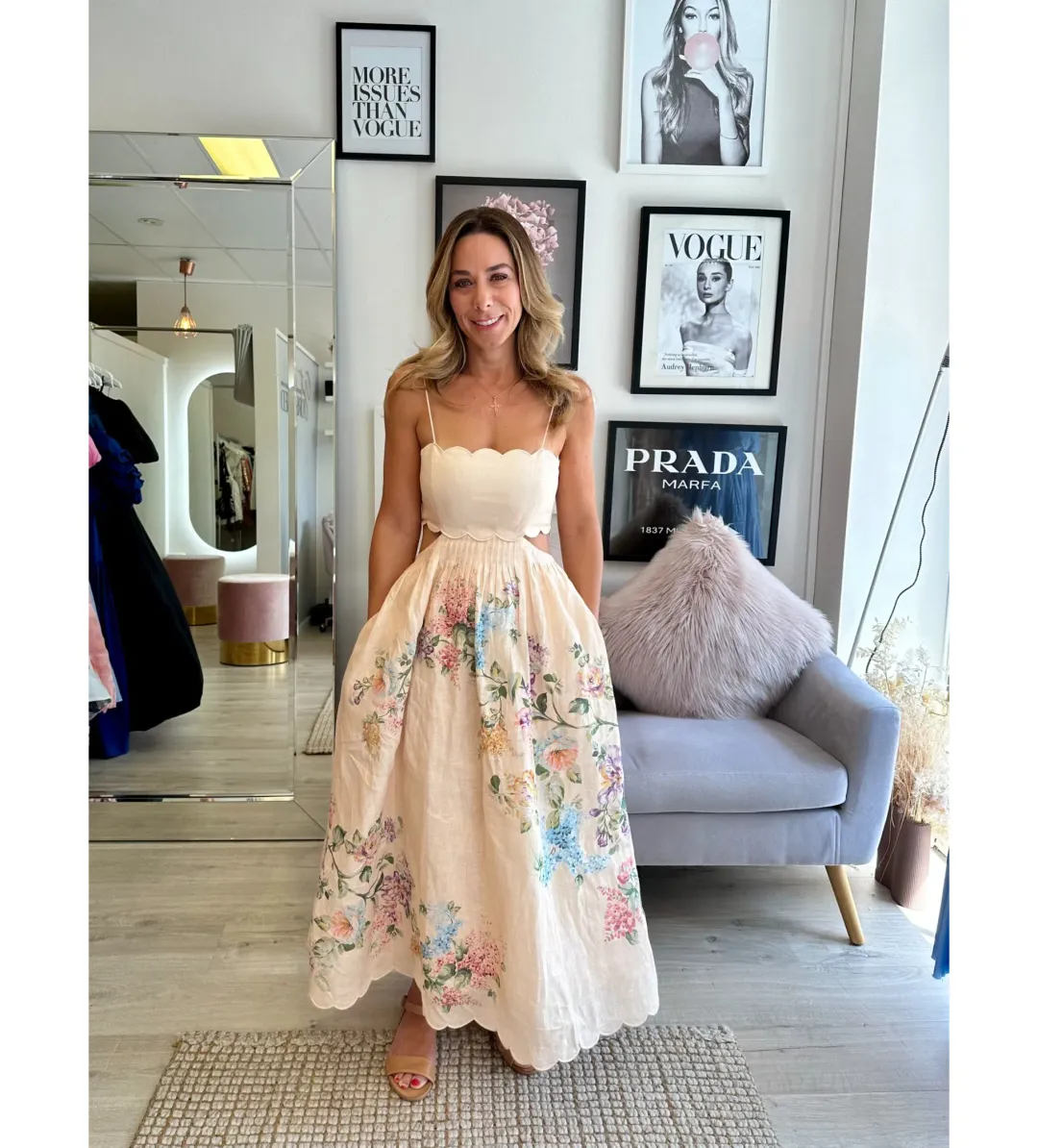ZImmermann The Halliday Scallop Midi Dress in Cream Watercolour Floral Size 0/AU 8 for rent on The Volte - main image
