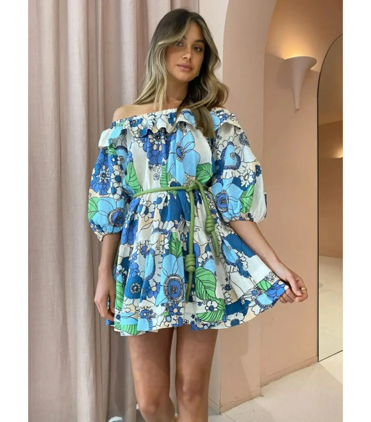 Alemais Farrah Ruffle Mini Dress Blue Floral Size AU 10 - Image 2