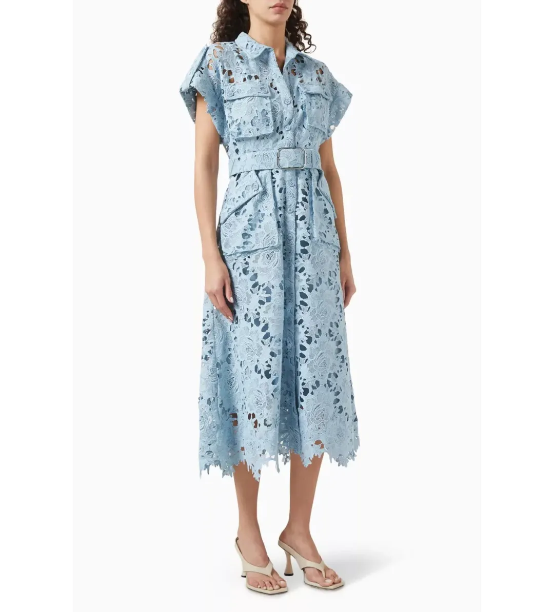 Leo Lin Lace Pocket Shirt Midi Dress Powder Blue Size AU 10 for rent on The Volte - main image