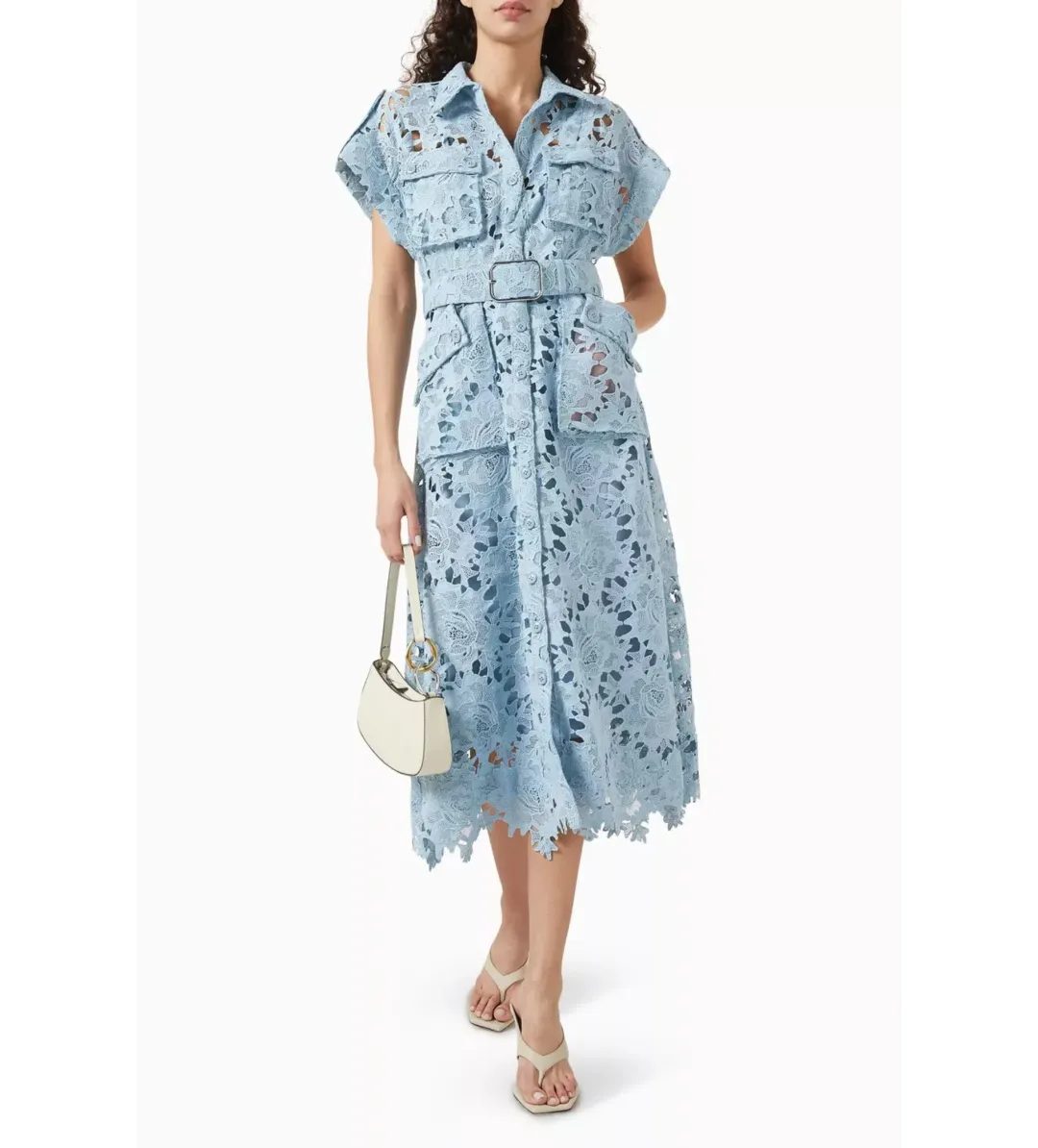 Leo Lin Lace Pocket Shirt Midi Dress Powder Blue Size AU 10 for rent on The Volte - main image