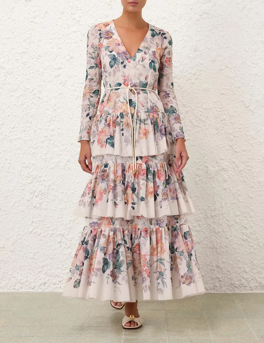 Zimmermann Acacia Tiered Maxi Dress Cream Multi Floral Size 14 for rent on The Volte - main image