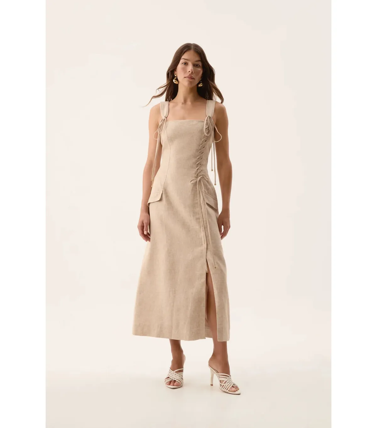 Aje Morgan Midi Dress Dune Beige Size 8/S for rent on The Volte - main image