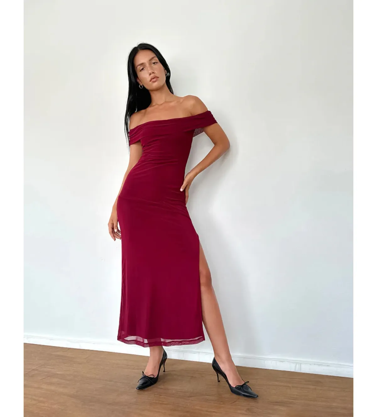 Motel Rocks Tarna Bardot Mesh Maxi Dress in Burgundy Size S / AU 10 - Image 1