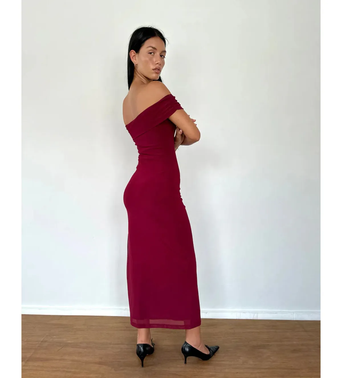 Motel Rocks Tarna Bardot Mesh Maxi Dress in Burgundy Size S / AU 10 - Image 3