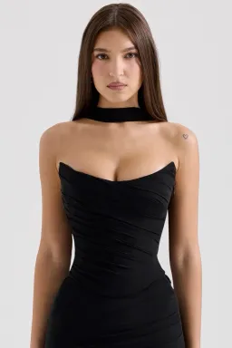 House of CB Black Hallie Strapless Corset With Neck Scarf & Cassidy Fluted Hem Maxi Skirt Set Size in Black XS / AU 6 for rent on The Volte - image 5