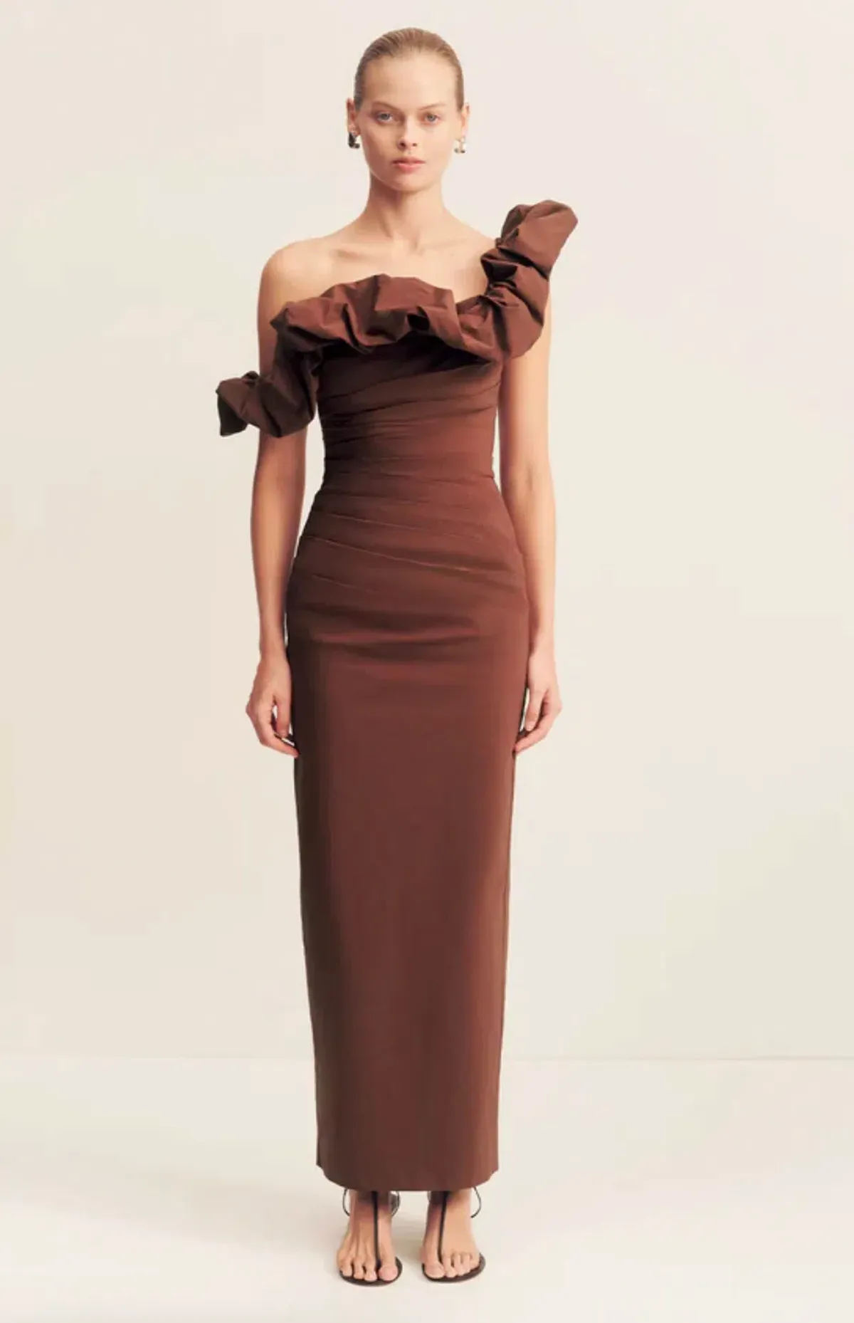 Shona Joy Cambell Ruffle Draped Maxi in Espresso Size 10 - Image 1