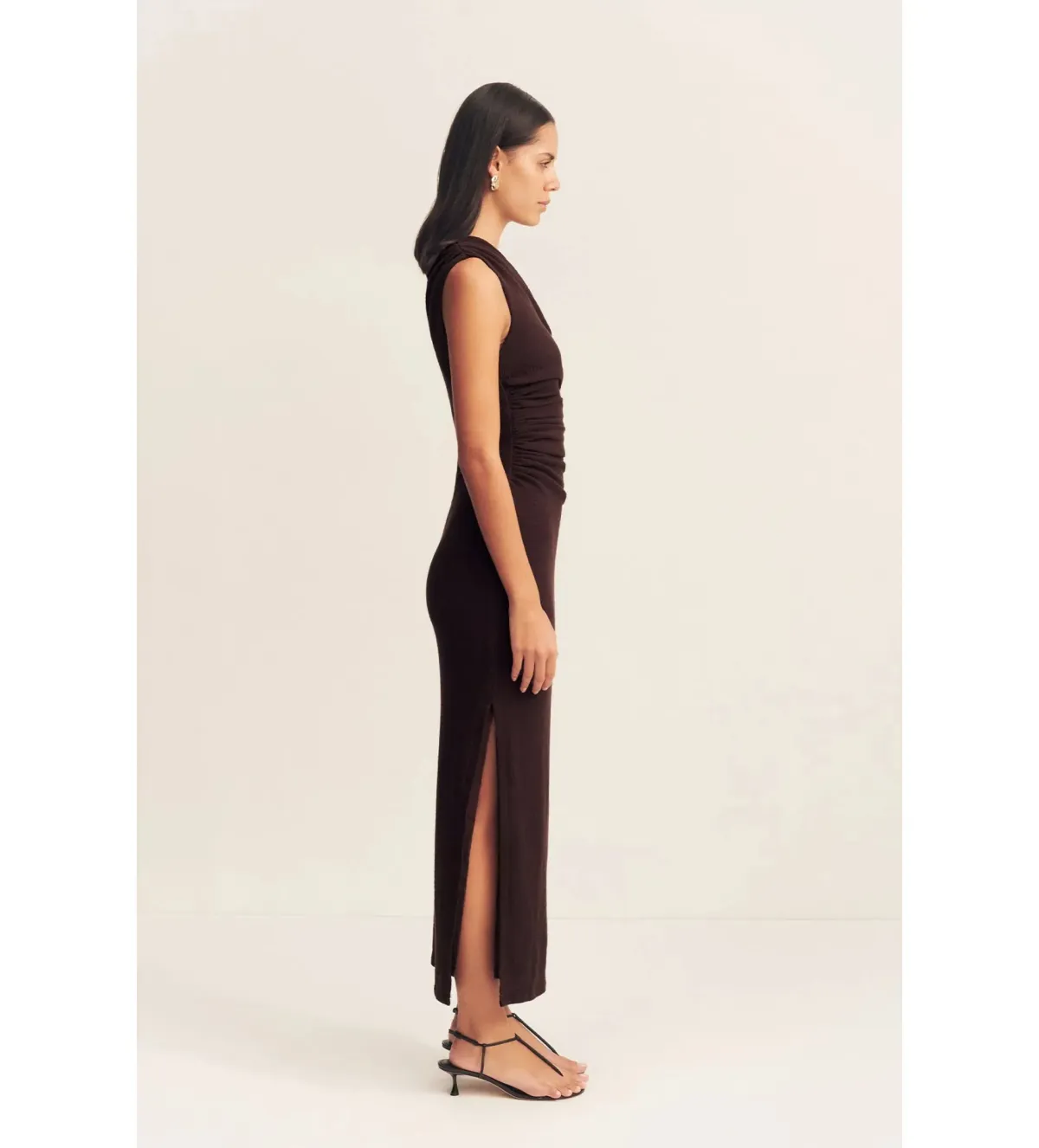 Shona Joy Beau Gathered Asymmetrical Midi Dress in Espresso Size XS / AU 6 - Image 3