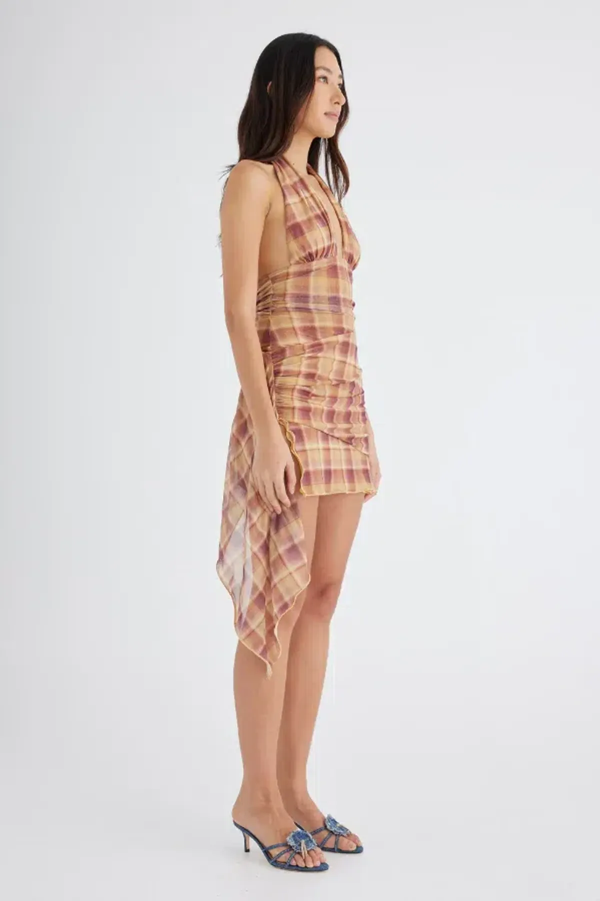 Benni Penelope Halter Mini Dress Toffee Check Size AU 6 - Image 3