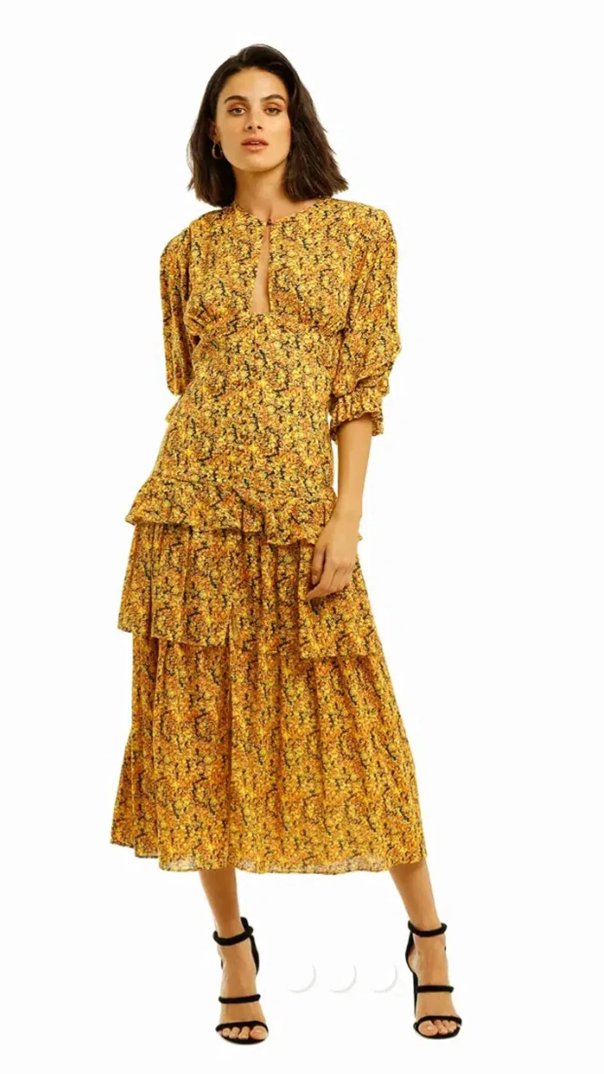 Camilla and Marc Rimini Tiered Midi Dress in Yellow Small Floral Print Size 8 - Image 1