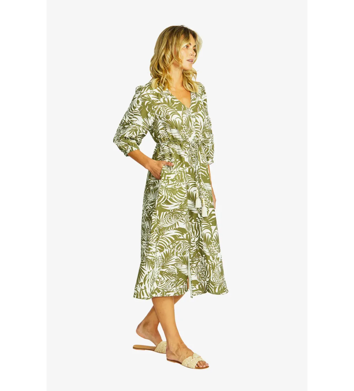 Ping Pong Flora V-Neck Button Midi Dress in Green Size 10/M - Image 3