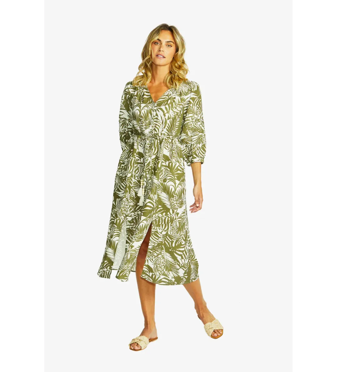 Ping Pong Flora V-Neck Button Midi Dress in Green Size 10/M for rent on The Volte - main image