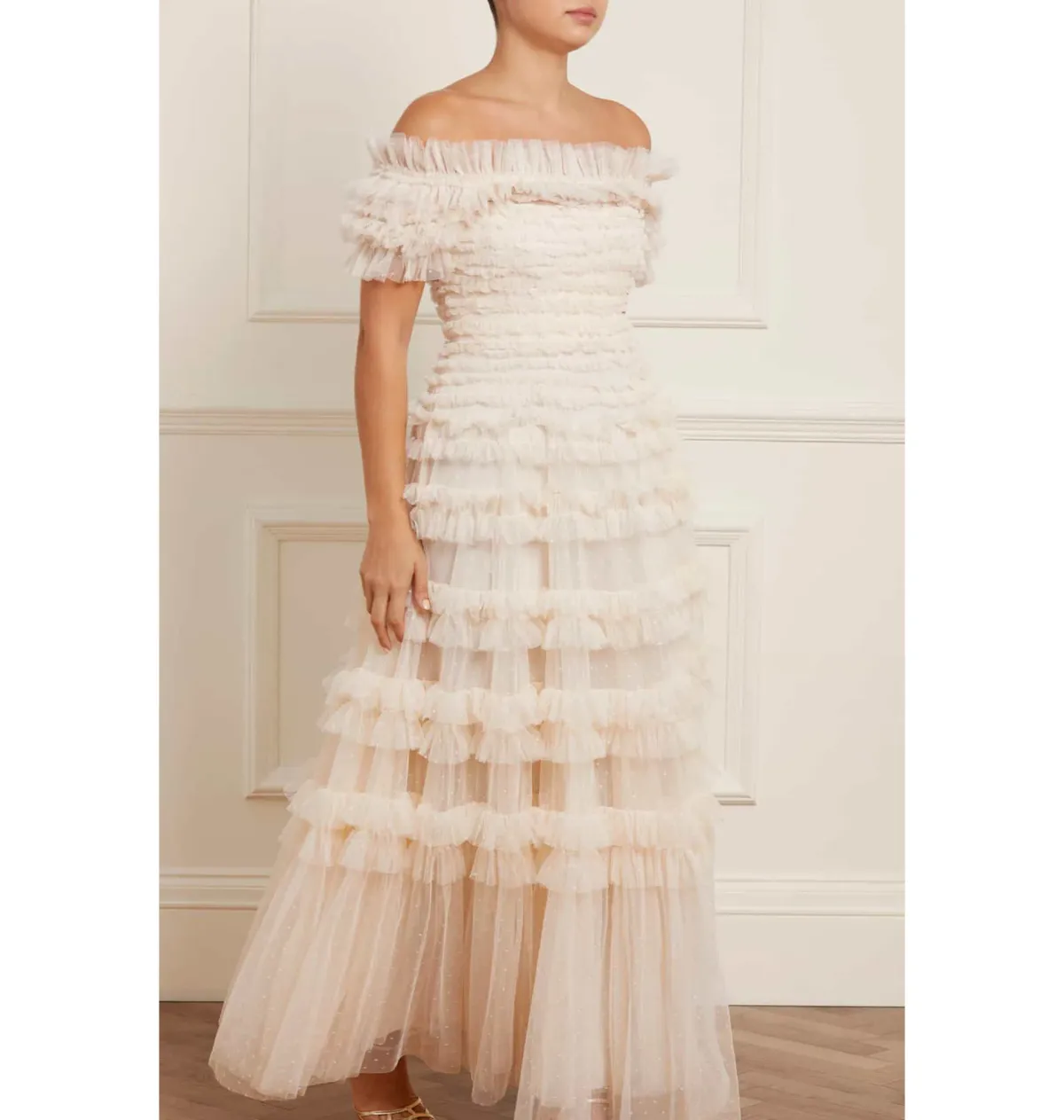 Needle and Thread Lisette Ruffle Off Shoulder Gown Champagne Size 6 for rent on The Volte - main image