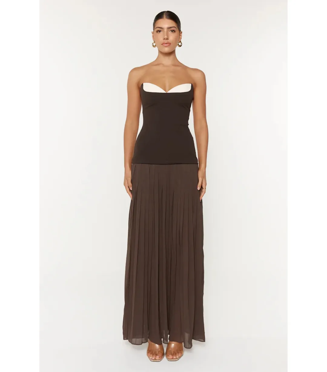 She is OLLÁ Nicolette Maxi Dress Espresso Size M/AU10 for rent on The Volte - main image