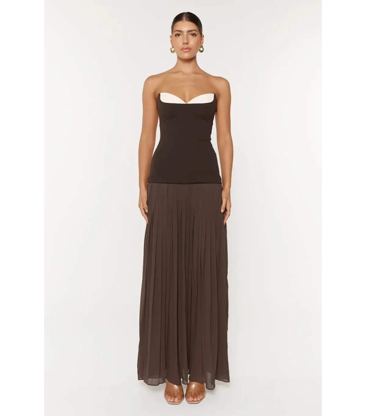 She is OLLÁ Nicolette Maxi Dress Espresso Size M/AU10 for rent on The Volte - main image