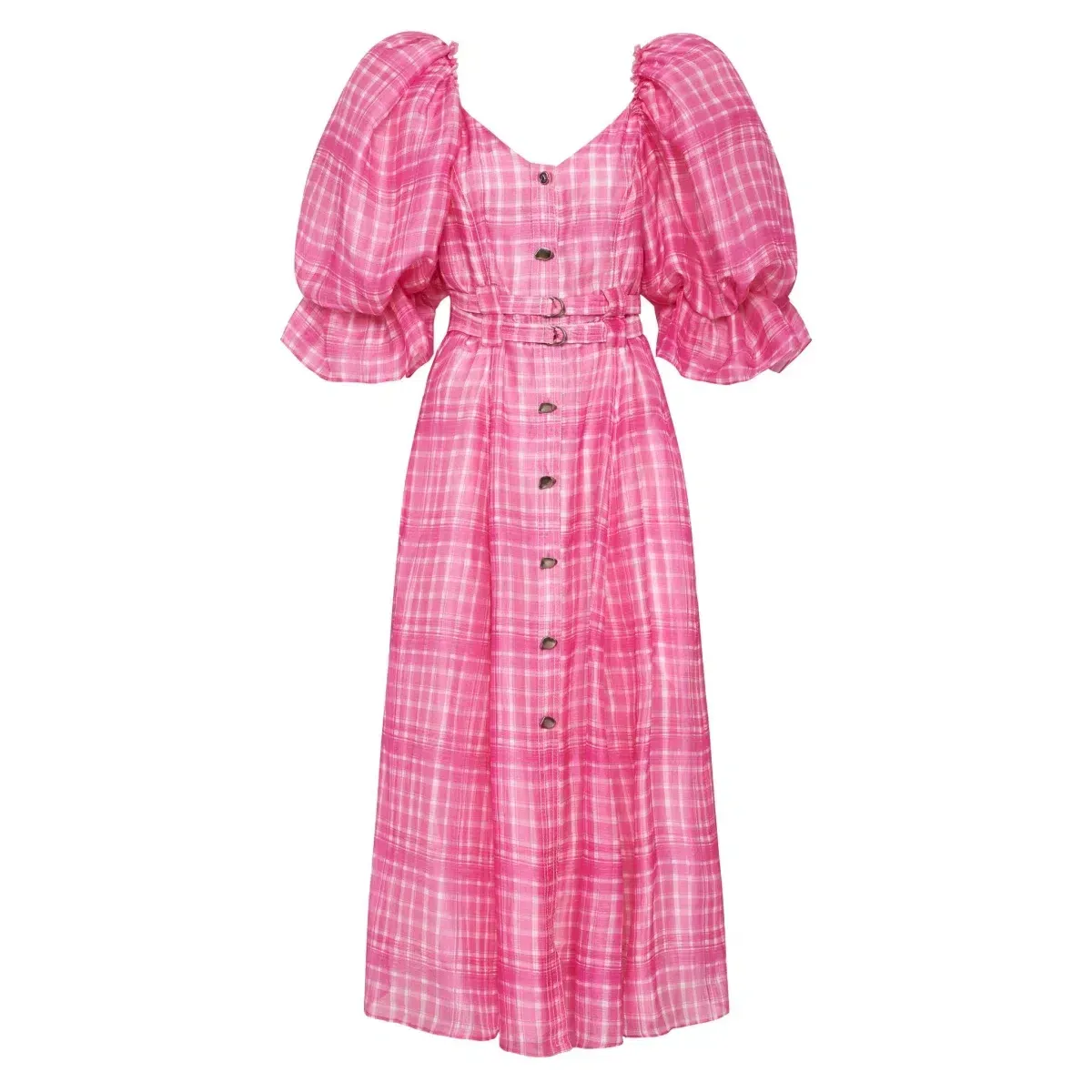 Aje Bungalow Gingham Puff Sleeve Midi Dress Pink Size AU 6 - Image 4