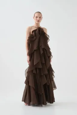 Aje Pandorea Layered Maxi Dress Carob Brown Size 8 for rent on The Volte - image 1