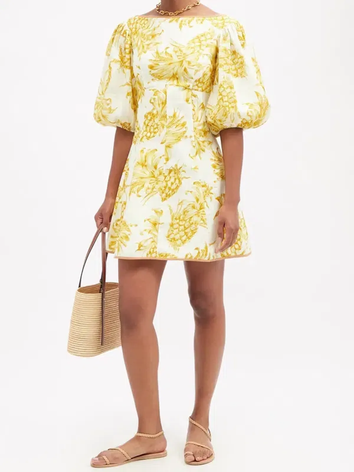 Zimmermann Puff Sleeve Pineapple-Print Linen Mini Dress Yellow Print Size 0 / AU 8 - Image 1