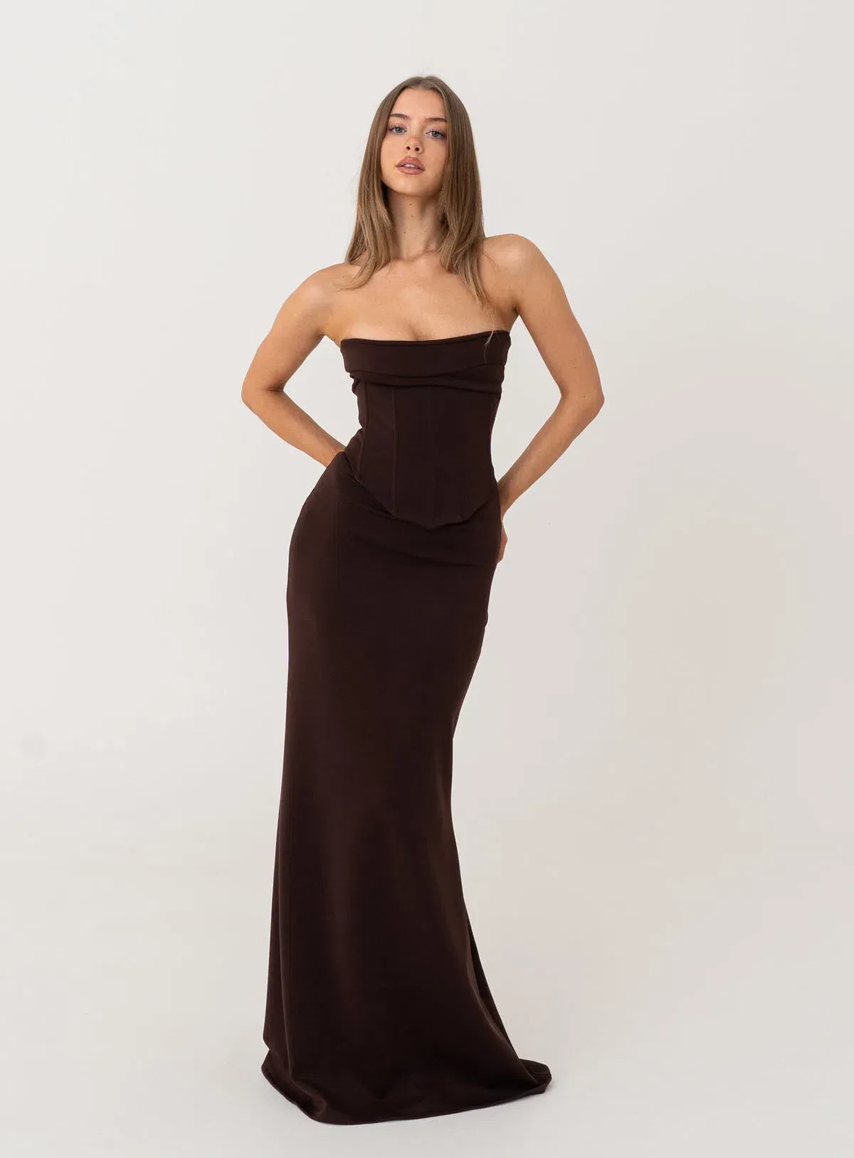 HNTR the Label Louie Maxi Gown in Brown Size 6 for rent on The Volte - main image