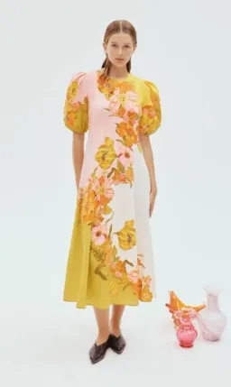 Alemais Silas Floral Linen Midi Dress in Green Size AU 14 for rent on The Volte - image 1