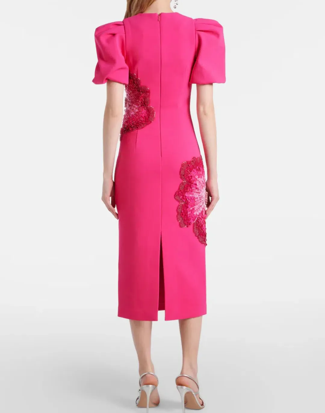 Rebecca Vallance Layana Puff-Sleeve Embellished Midi Dress in Pink Size 10 for rent on The Volte - main image