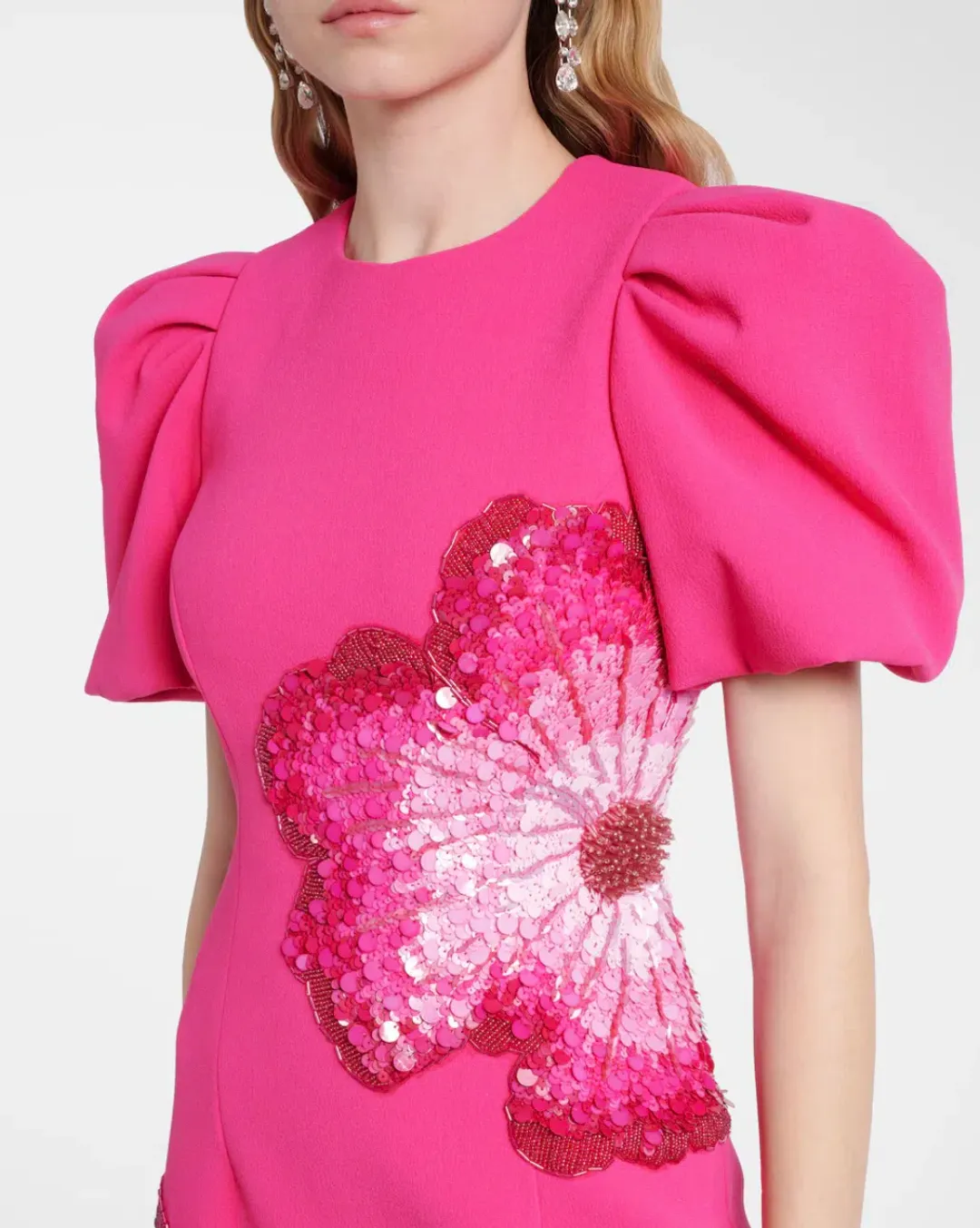 Rebecca Vallance Layana Puff-Sleeve Embellished Midi Dress in Pink Size 10 for rent on The Volte - main image