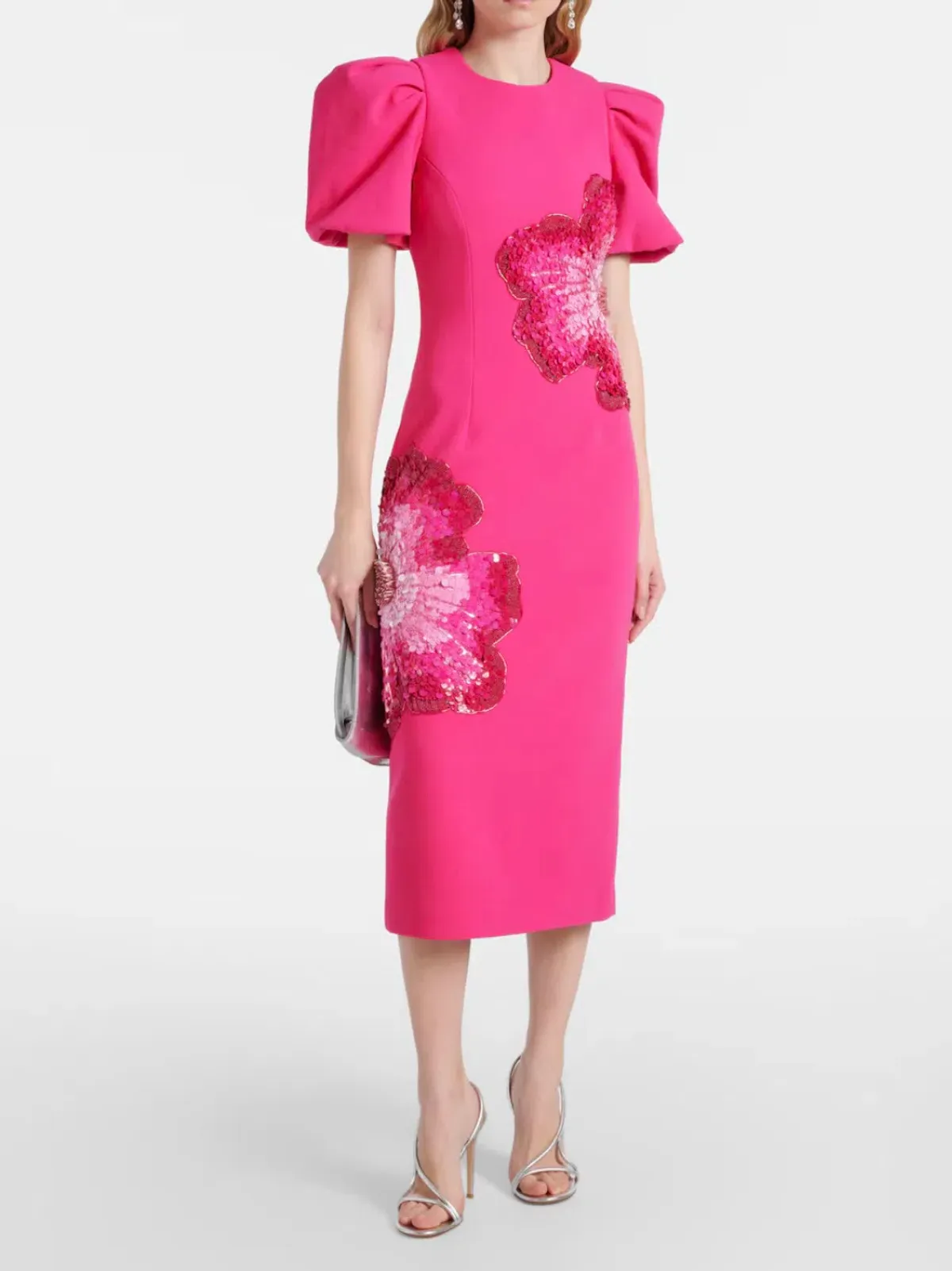 Rebecca Vallance Layana Puff-Sleeve Embellished Midi Dress in Pink Size 10 for rent on The Volte - main image