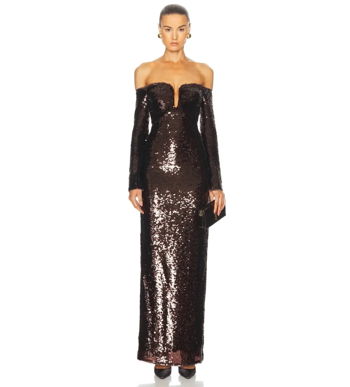Self Portrait Sequin Off-Shoulder Maxi Dress Cedar Brown Size AU 12 - Image 1