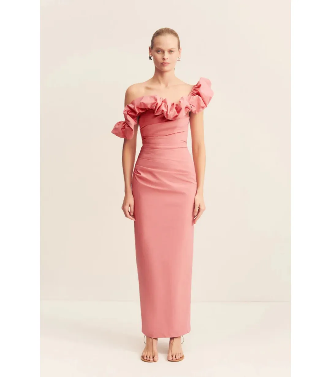 Shona Joy Campbell Ruffle Draped Maxi Dress in Bubblegum Size AU 10 for rent on The Volte - main image