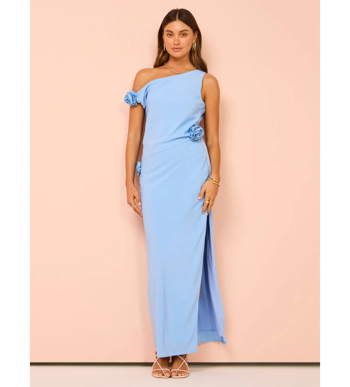 Issy Off Shoulder Flower Maxi Dress in Blue Size M / AU 10 for rent on The Volte - main image