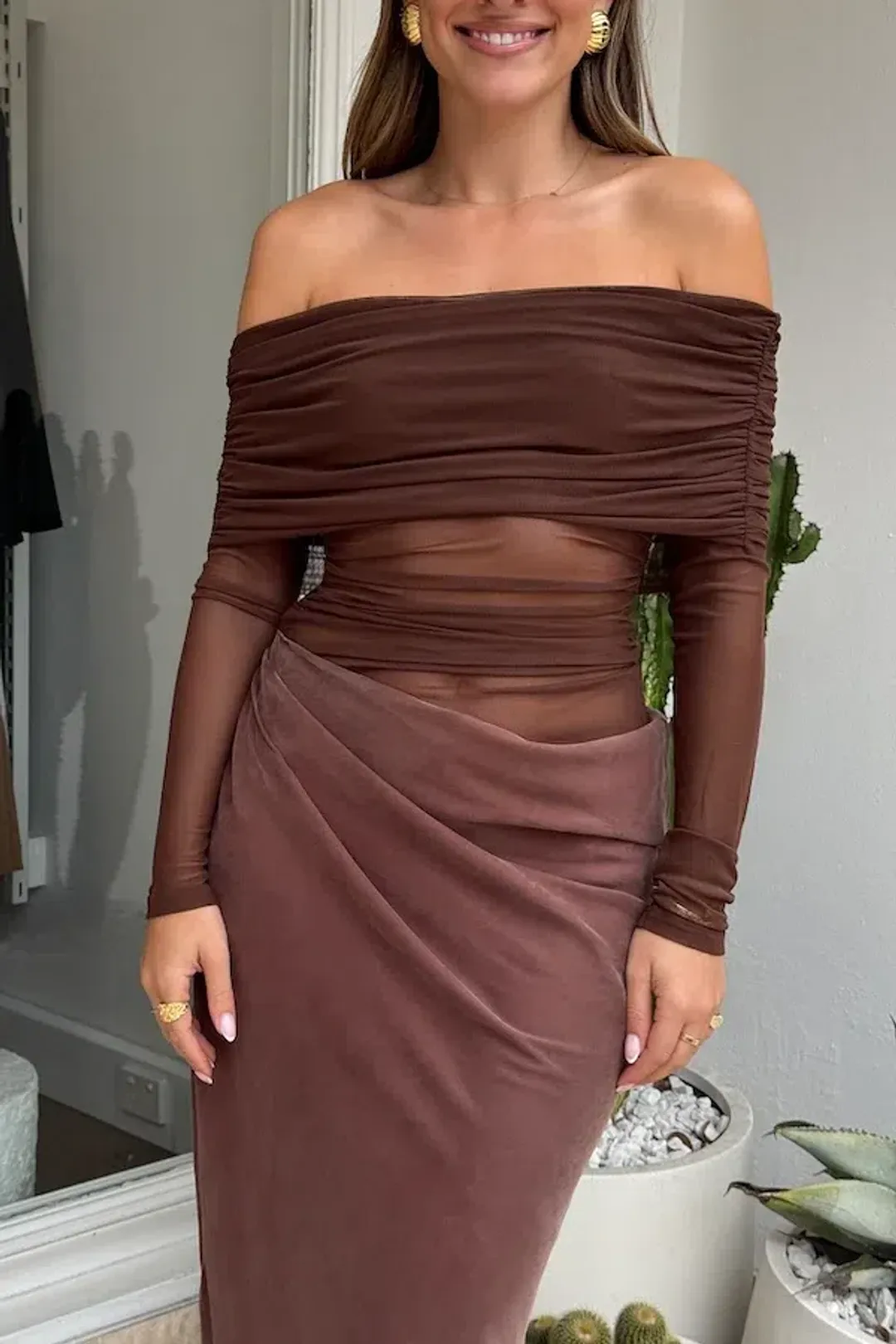 Benni Yasmin Off Shoulder Maxi Chocolate Size AU 4 for rent on The Volte - main image