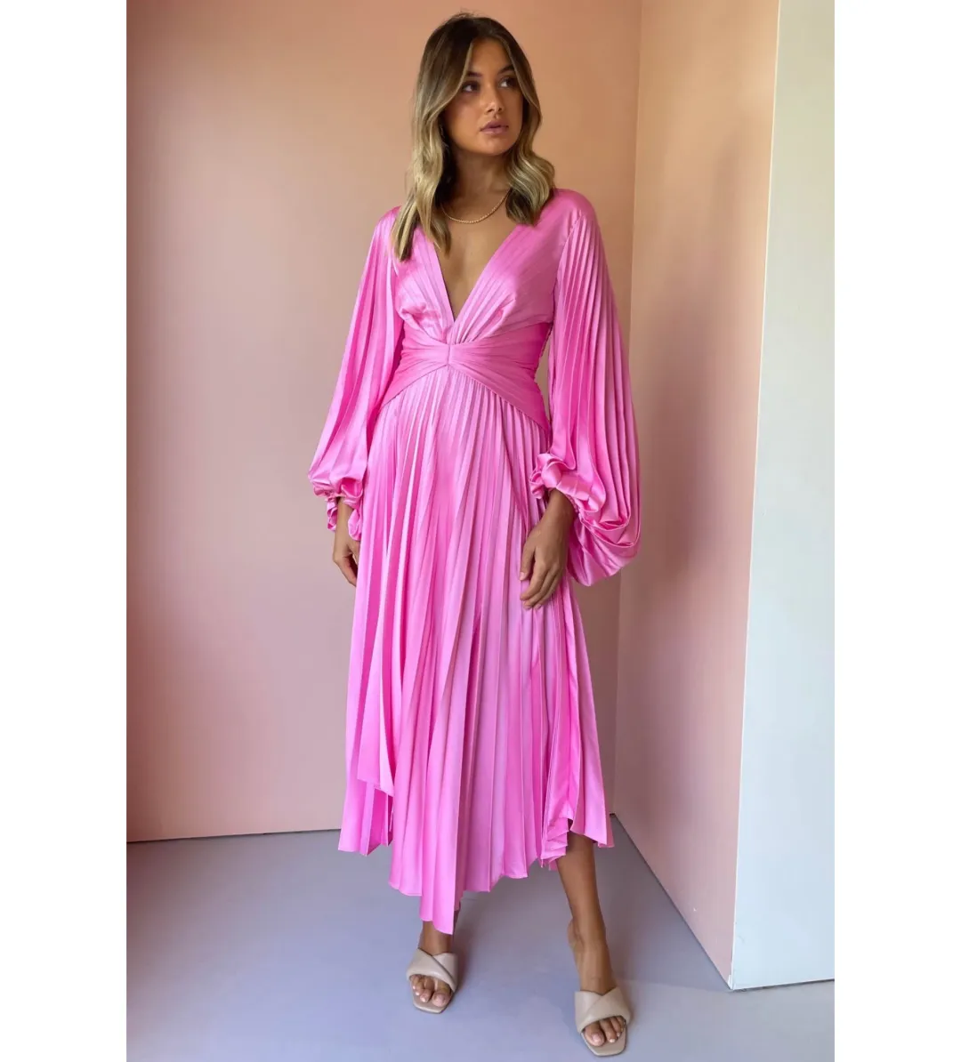 Acler Palms Pleated Midi Dress Confetti Pink Small /Au 8 for rent on The Volte - main image