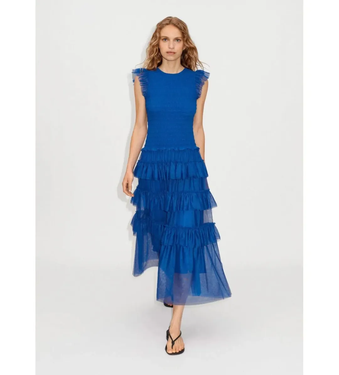 ME+EM Ethereal Tulle Shirred Midi Dress Electric Blue Size AU 8 for rent on The Volte - main image
