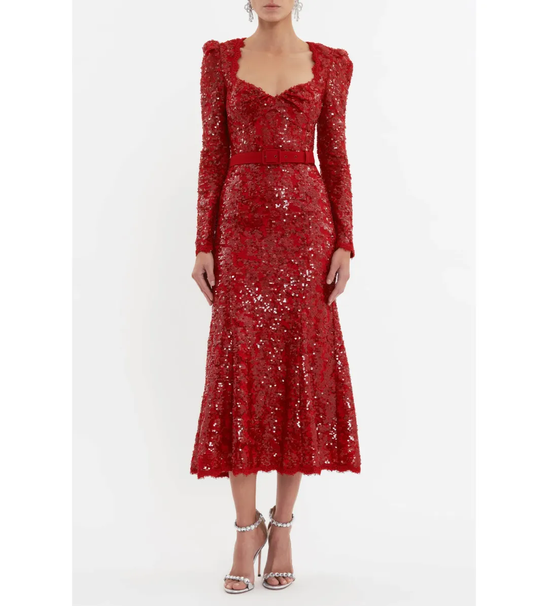 Rebecca Vallance Leyla Long Sleeve Midi Dress in Red Sequin Size AU 10 for rent on The Volte - main image