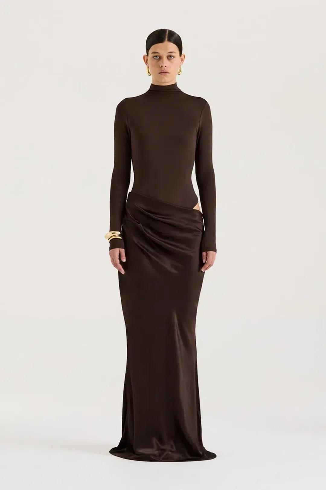 Henne Soraia Long Sleeve Maxi Dress Chocolate Size 8 for rent on The Volte - main image