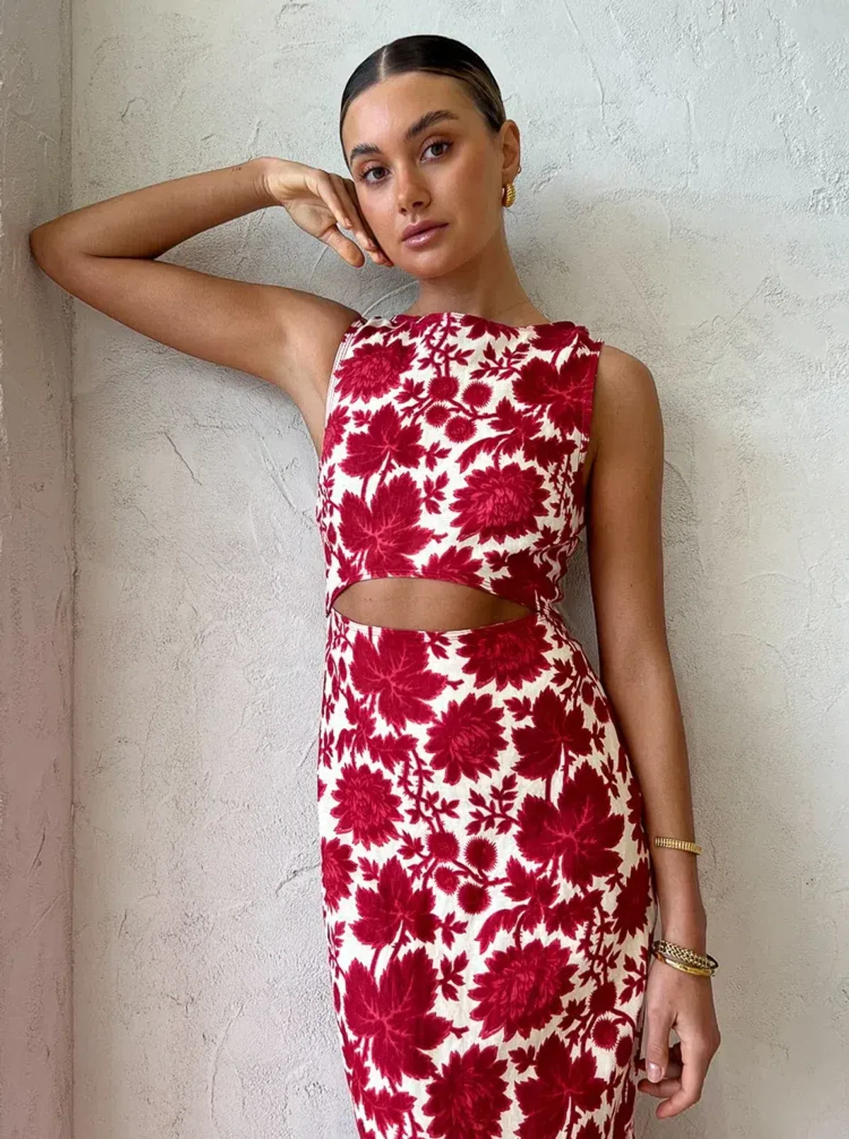 Sir The Label Cinta Linen Cut Out Midi Dress Red Floral Size 1/AU 8 - Image 4