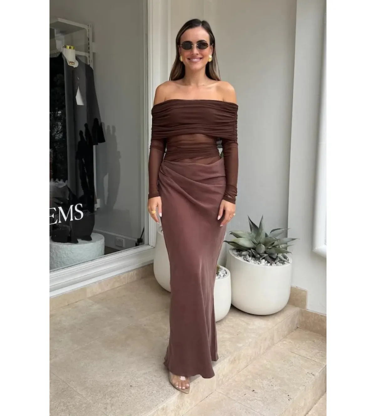 BENNI Yasmin Off-Shoulder Maxi Dress Chocolate Size AU 6 - Image 1