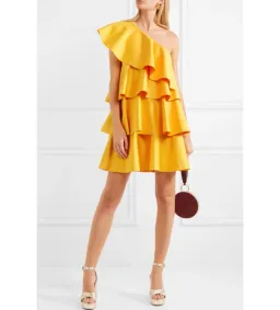 Solace London Tiered Ruffled Crepe Mini Dress Yellow Size 10 for rent on The Volte - image 1