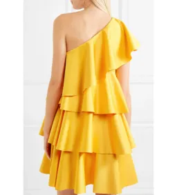 Solace London Tiered Ruffled Crepe Mini Dress Yellow Size 10 for rent on The Volte - image 2