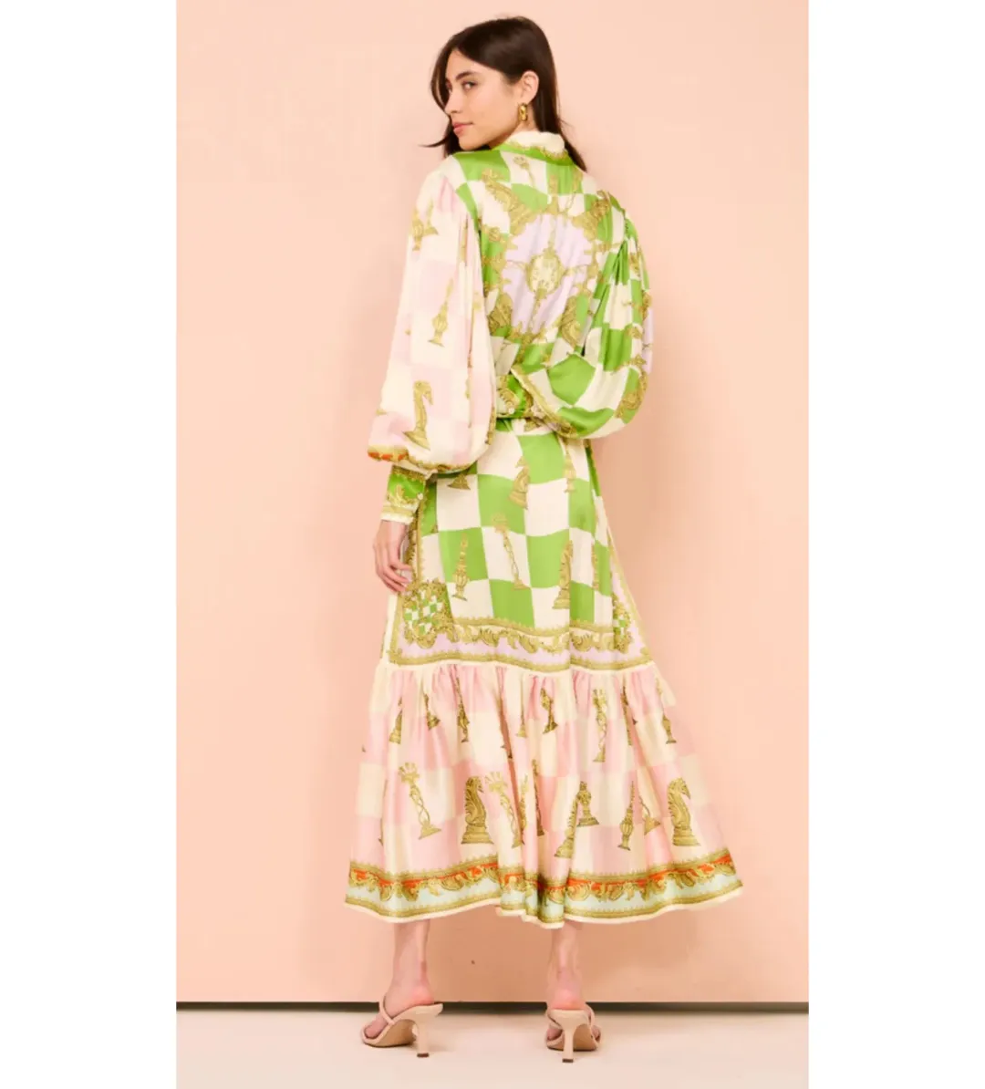 Alemais Checkmate Silk Midi Shirtdress Multi Print Size AU 10 for rent on The Volte - main image