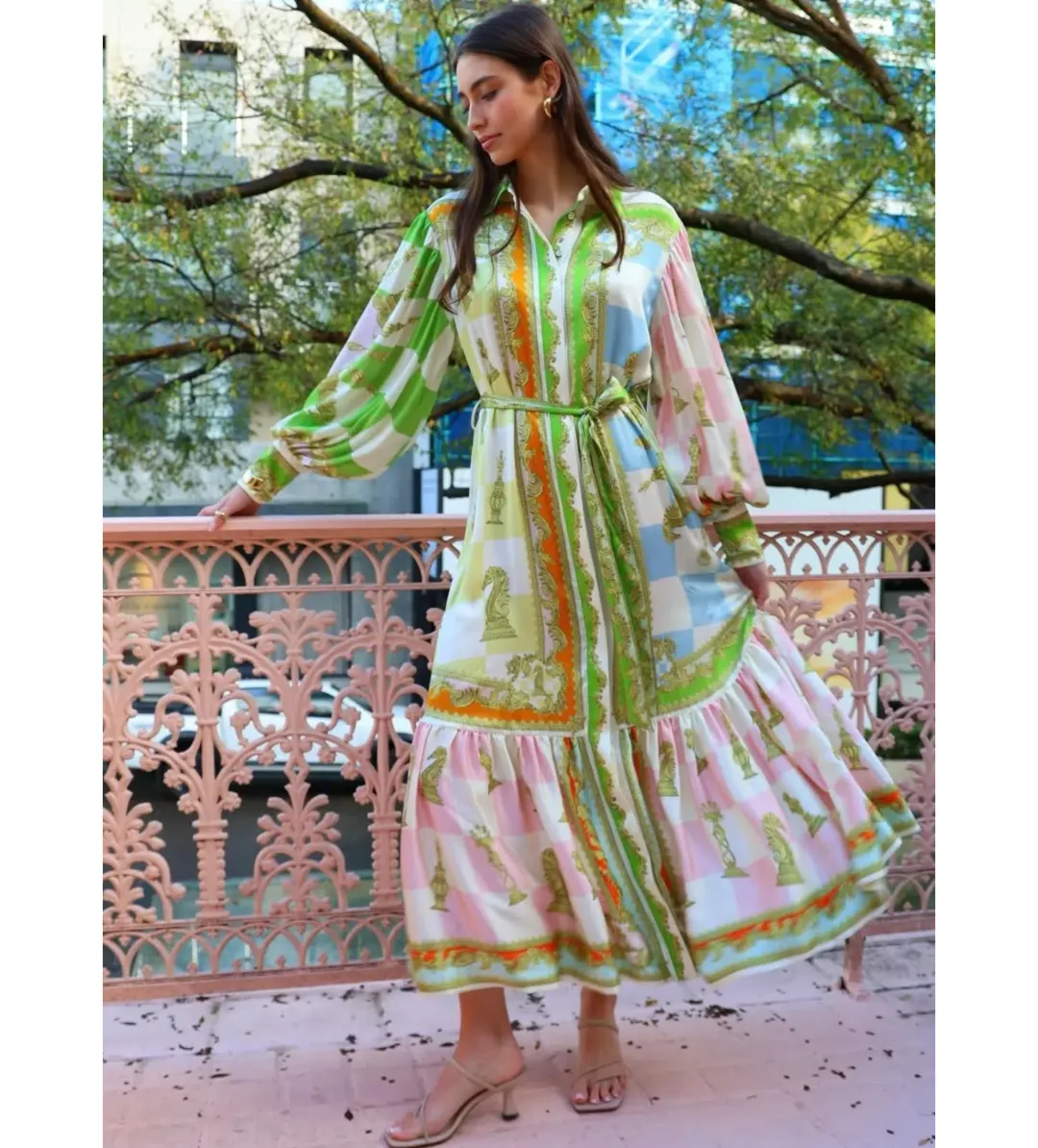 Alemais Checkmate Silk Midi Shirtdress Multi Print Size AU 10 for rent on The Volte - main image
