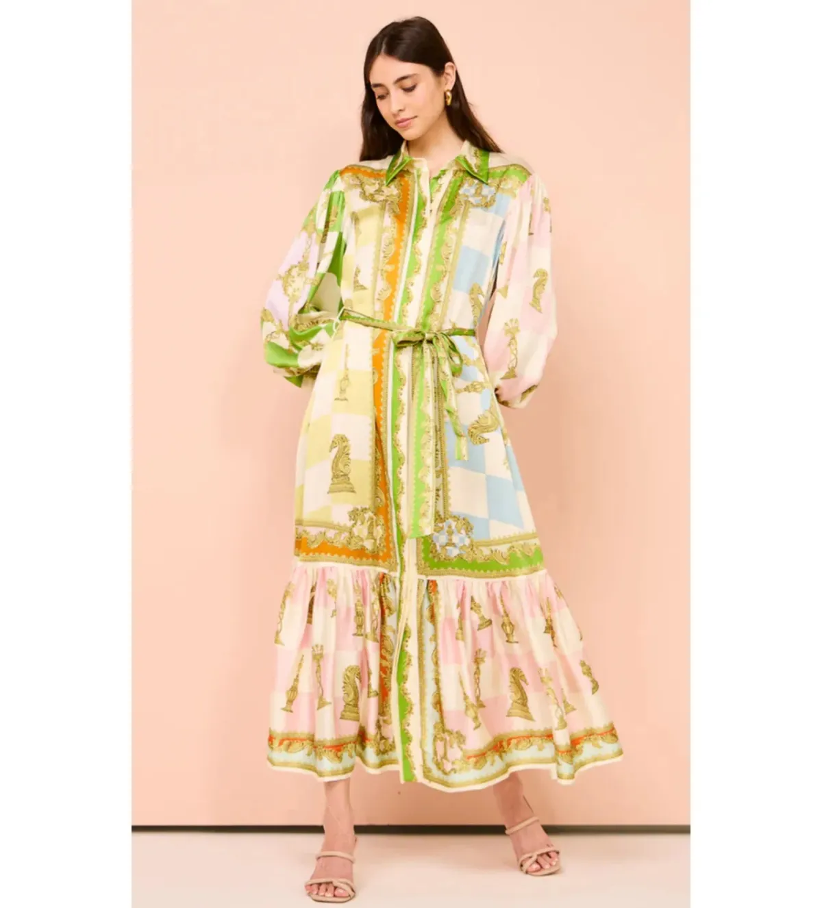 Alemais Checkmate Silk Midi Shirtdress Multi Print Size AU 10 - Image 1