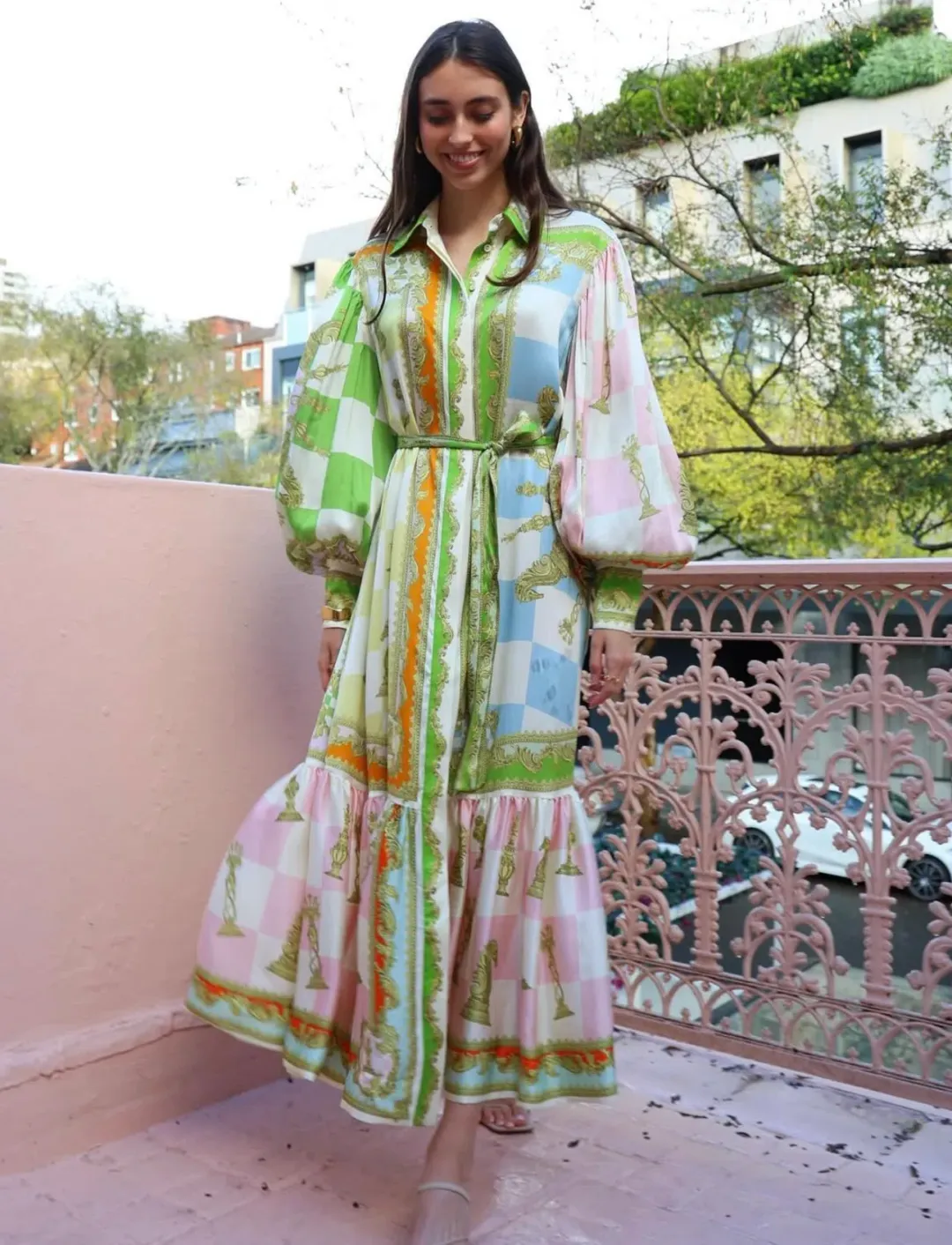 Alemais Checkmate Silk Midi Shirtdress Multi Size 12 for rent on The Volte - main image