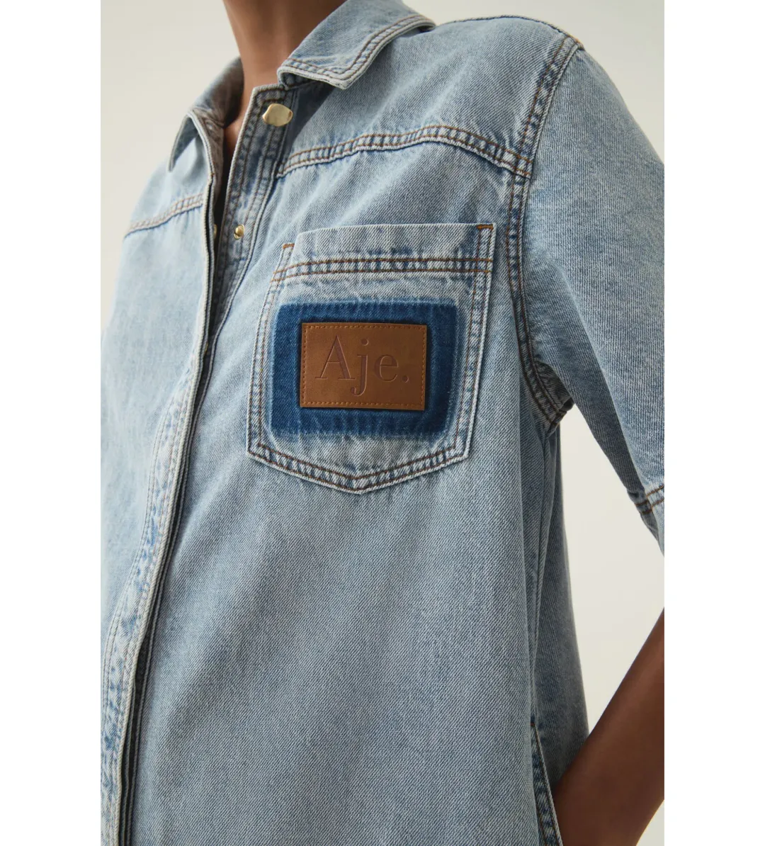Aje Aura Denim Mini Tunic Dress Sea Spray Wash Size 6 for rent on The Volte - main image