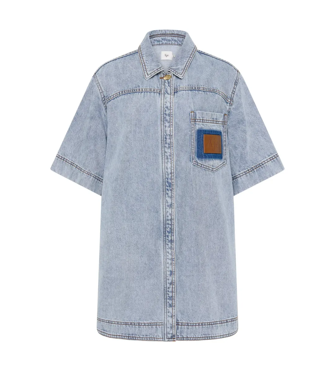 Aje Aura Denim Mini Tunic Dress Sea Spray Wash Size 6 for rent on The Volte - main image