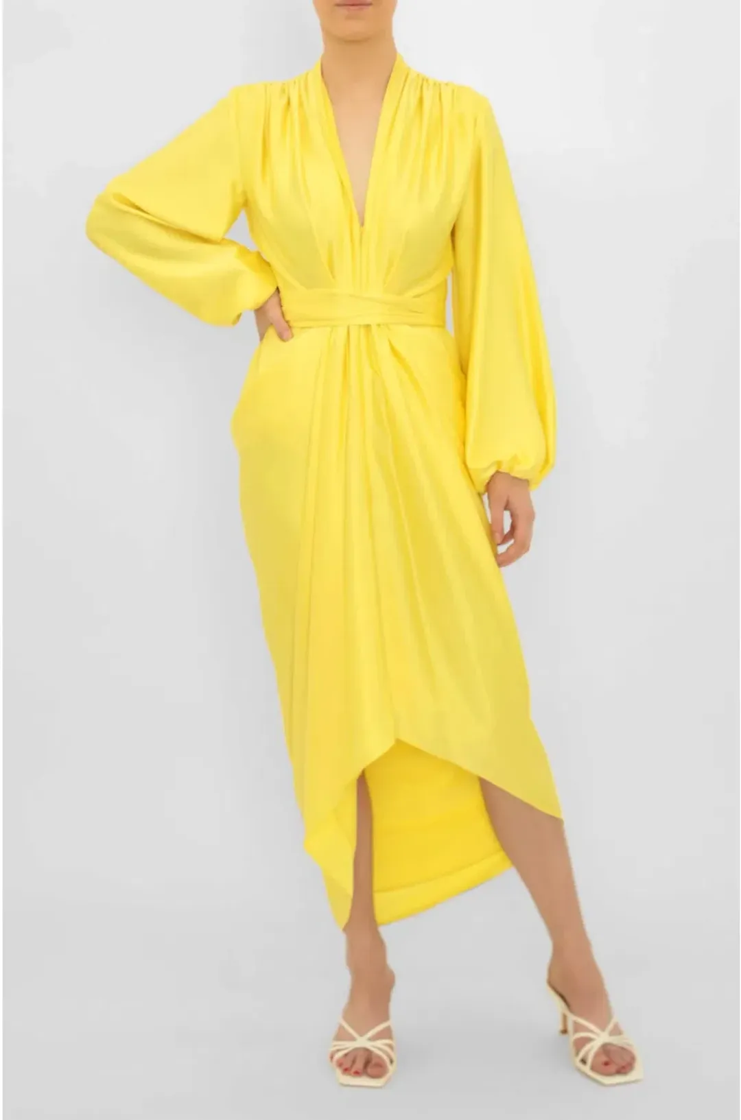Carla Zampatti V-Neck Waterfall Midi Dress Yellow Size 10 for rent on The Volte - main image