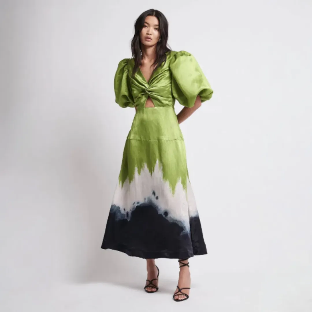 AJE Arcadian Puff Sleeve Knot Midi Dress Multi Size AU 6 for rent on The Volte - main image